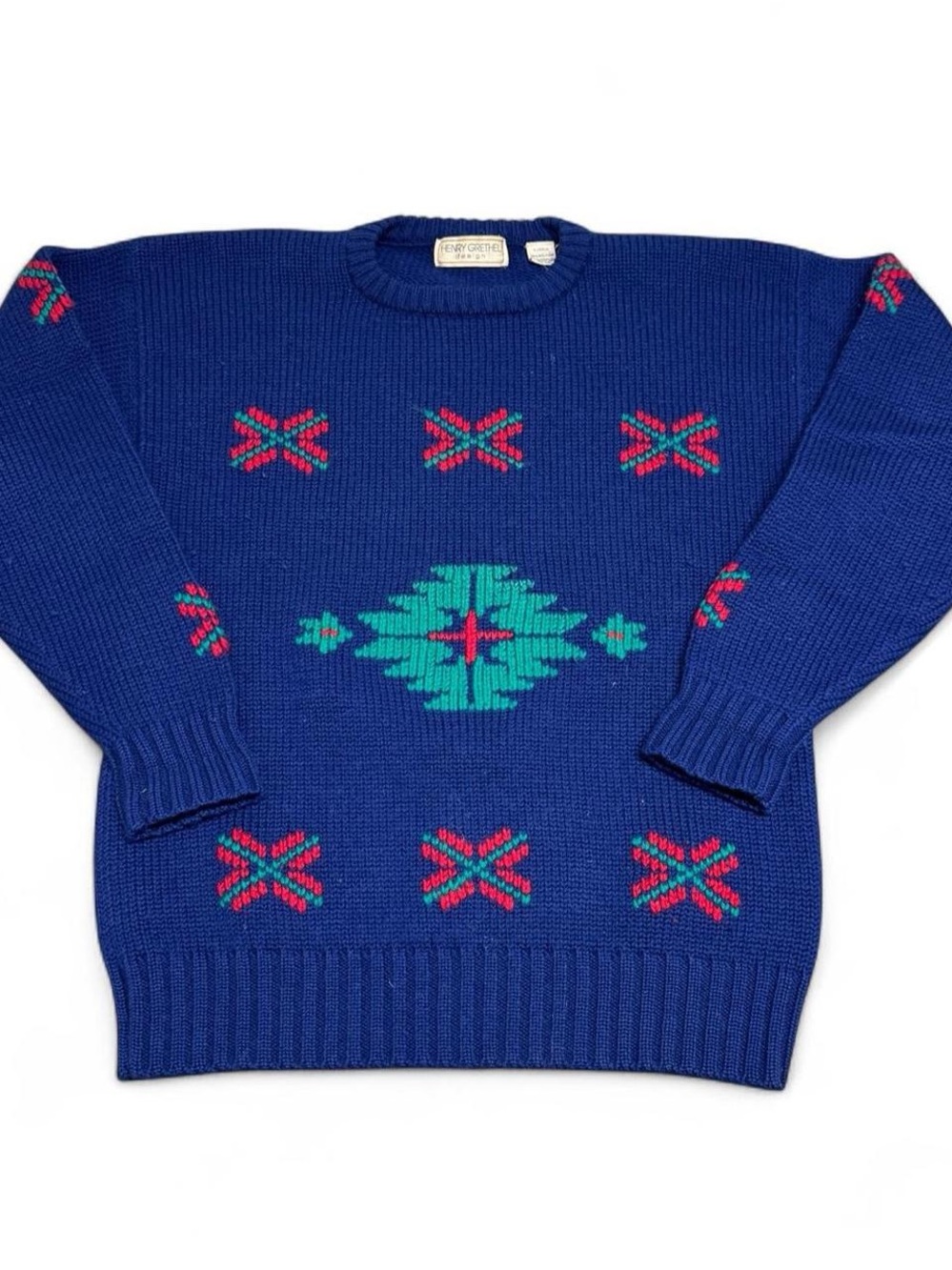 Men's Blue Geometric Crewneck Sweater with Teal & Pink Accents